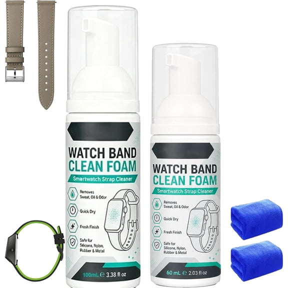 Gentle Active Foam Watch Strap Cleaner, Watch Band Foam Cleaner Active Foam Spray for Smartwatch Straps, Ilicone, Metal, Nylon & Leather, No-Rinse & Quick Dry(100ml+60ml)