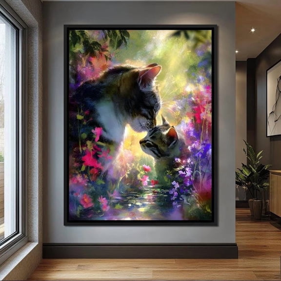 Gentle Cats Nuzzle Floral Dream: Cat Wall Art, Feline Love, Whimsical Floral Fantasy By Niche Poster, Poster Only
