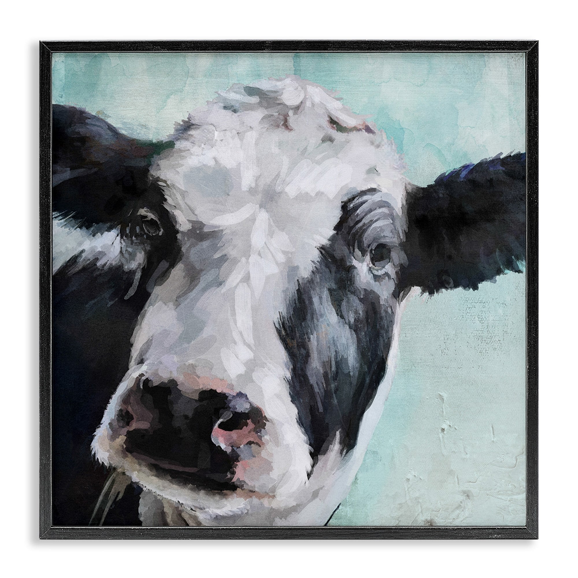 Gentle Farm Cow Painting on Blue Animals & Insects Framed Art Print Wall Art, 17x17