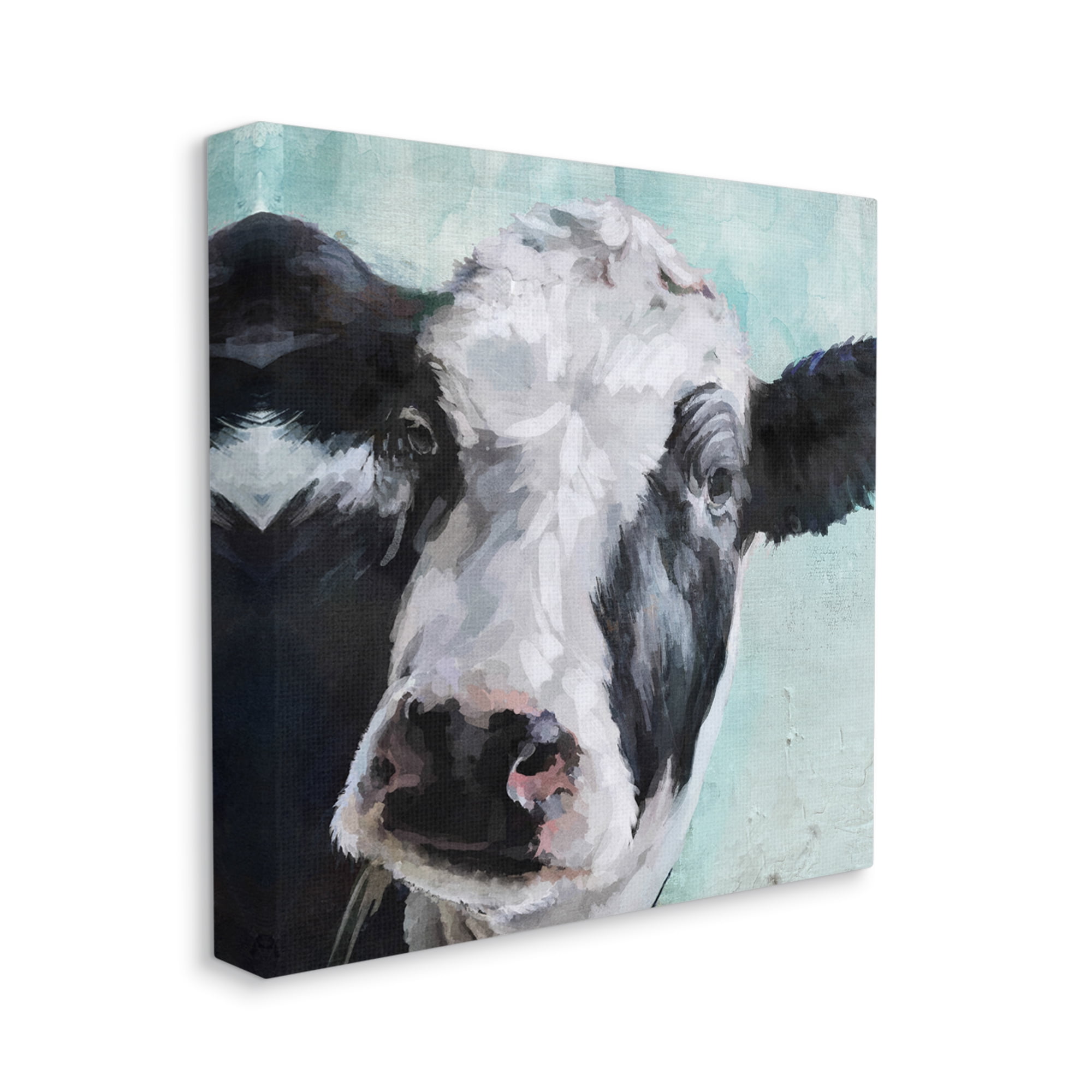 Gentle Farm Cow Painting on Blue Canvas Wall Art, 17 x 17