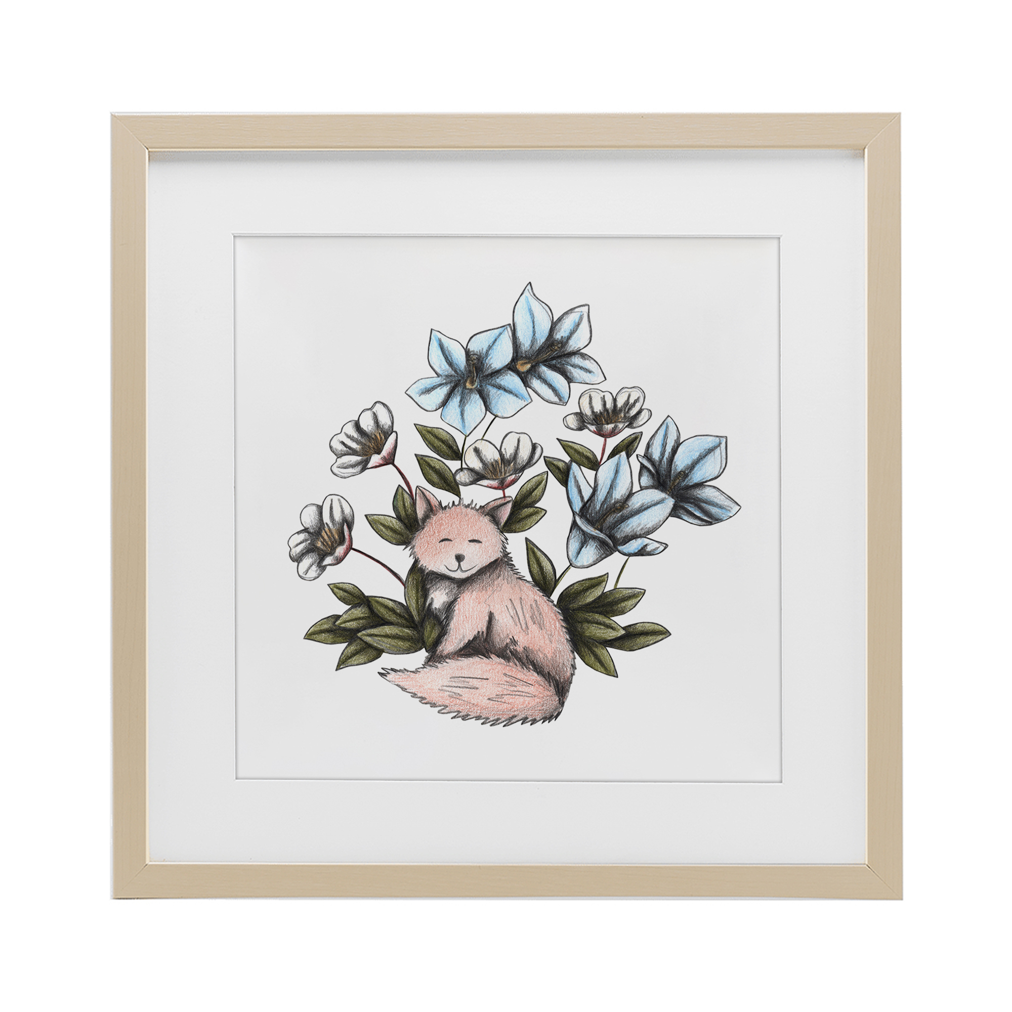 Gentle Fox with Flowers Birch Framed Print Under Glass, design by Cecilia Battaini