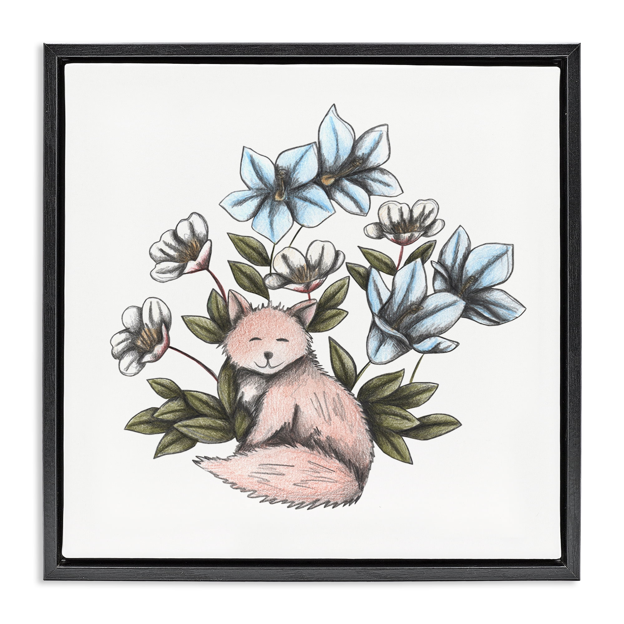Gentle Fox with Flowers Black Framed Floater Canvas Wall Art, design by Cecilia Battaini