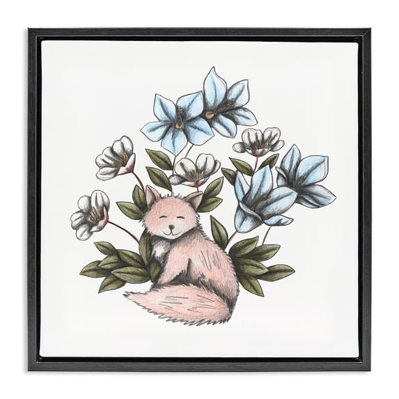 Gentle Fox with Flowers Black Framed Floater Canvas Wall Art, design by Cecilia Battaini