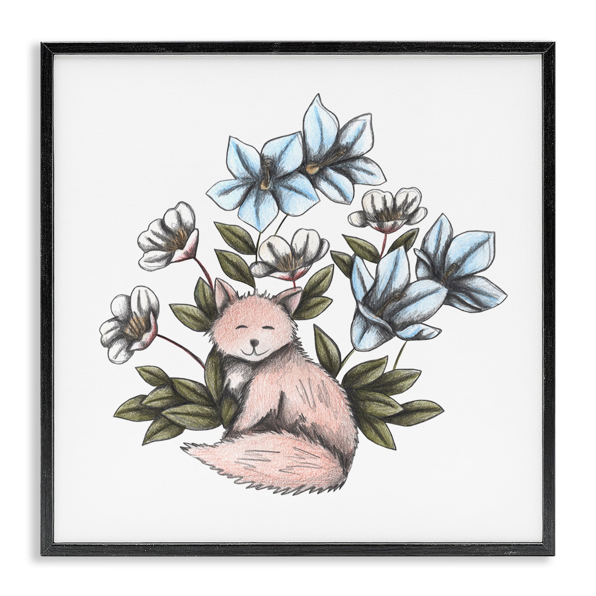 Gentle Fox with Flowers Black Framed Giclee Art, design by Cecilia Battaini