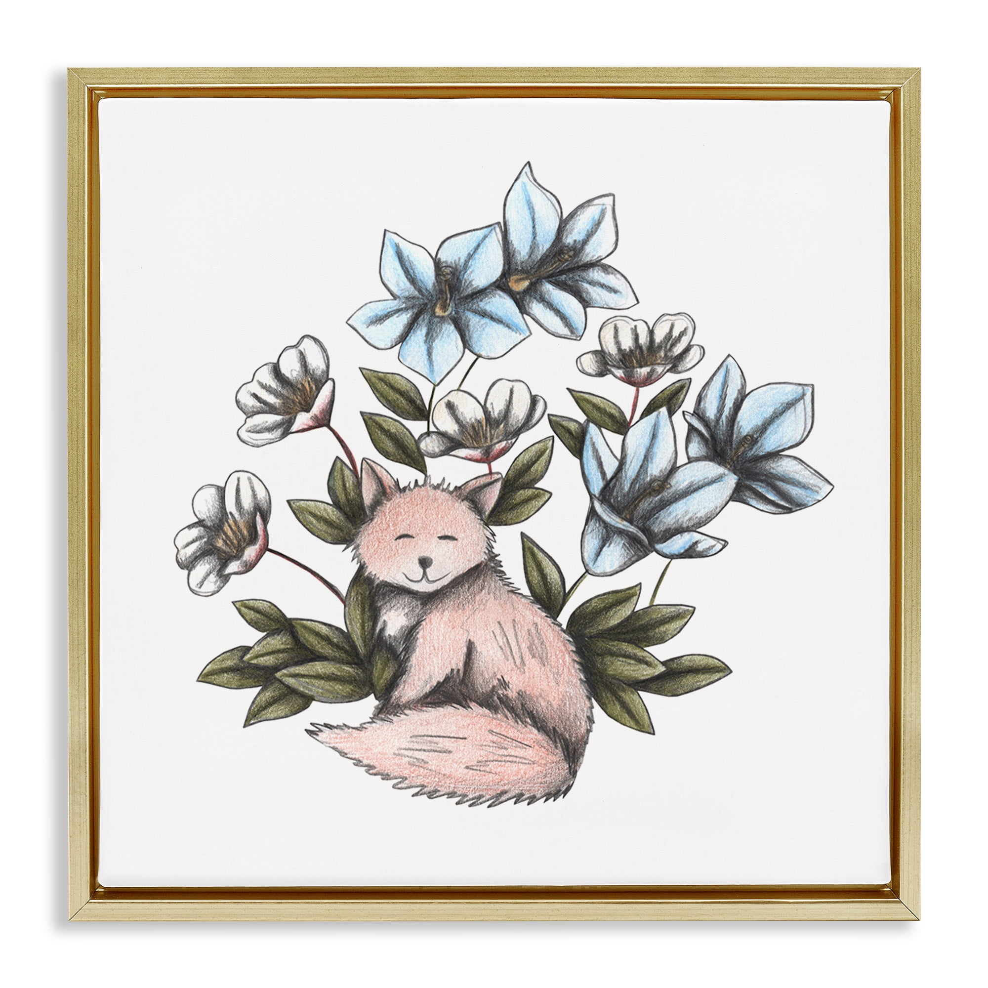 Gentle Fox with Flowers Gold Framed Floater Canvas Wall Art, design by Cecilia Battaini