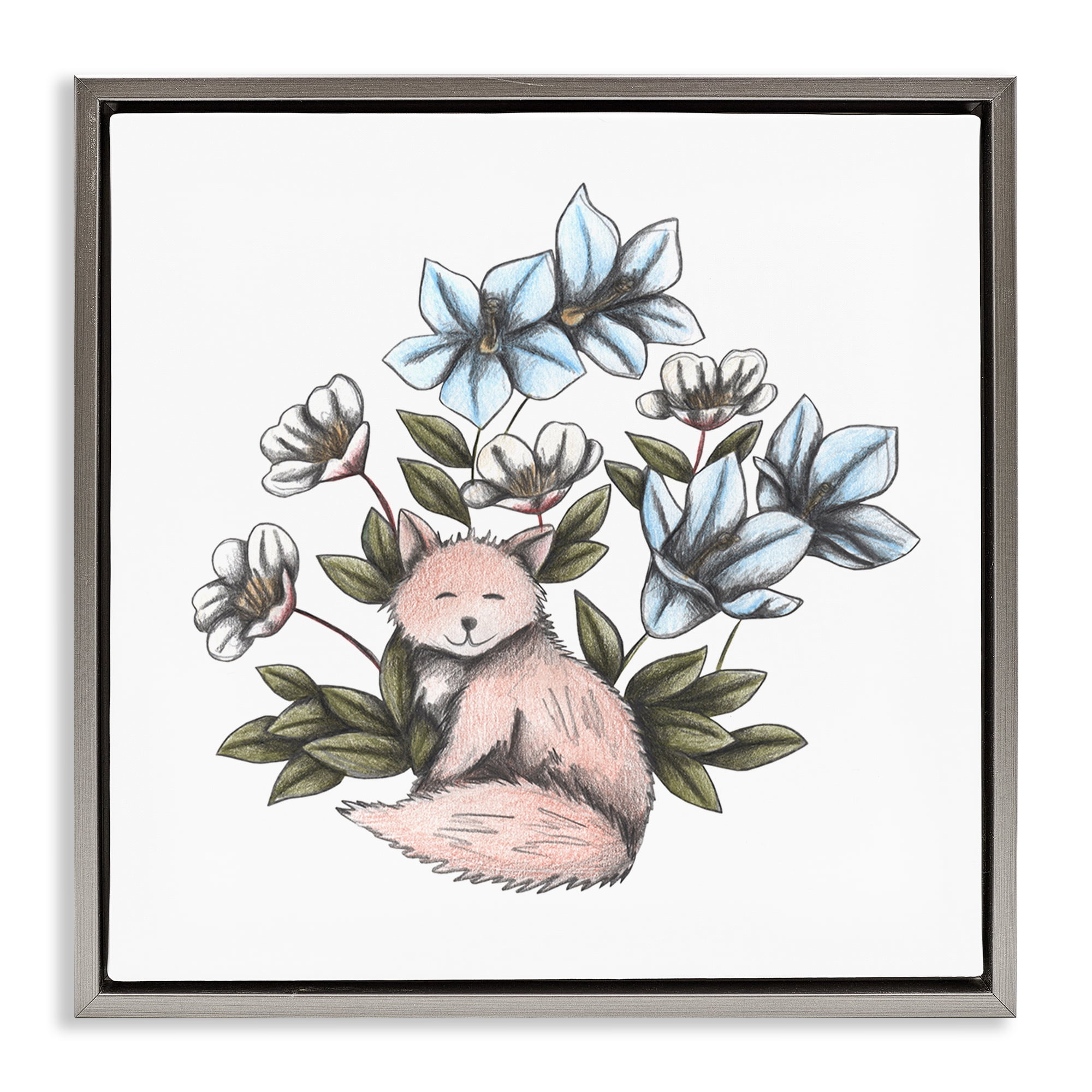 Gentle Fox with Flowers Gray Framed Floater Canvas Wall Art, design by Cecilia Battaini