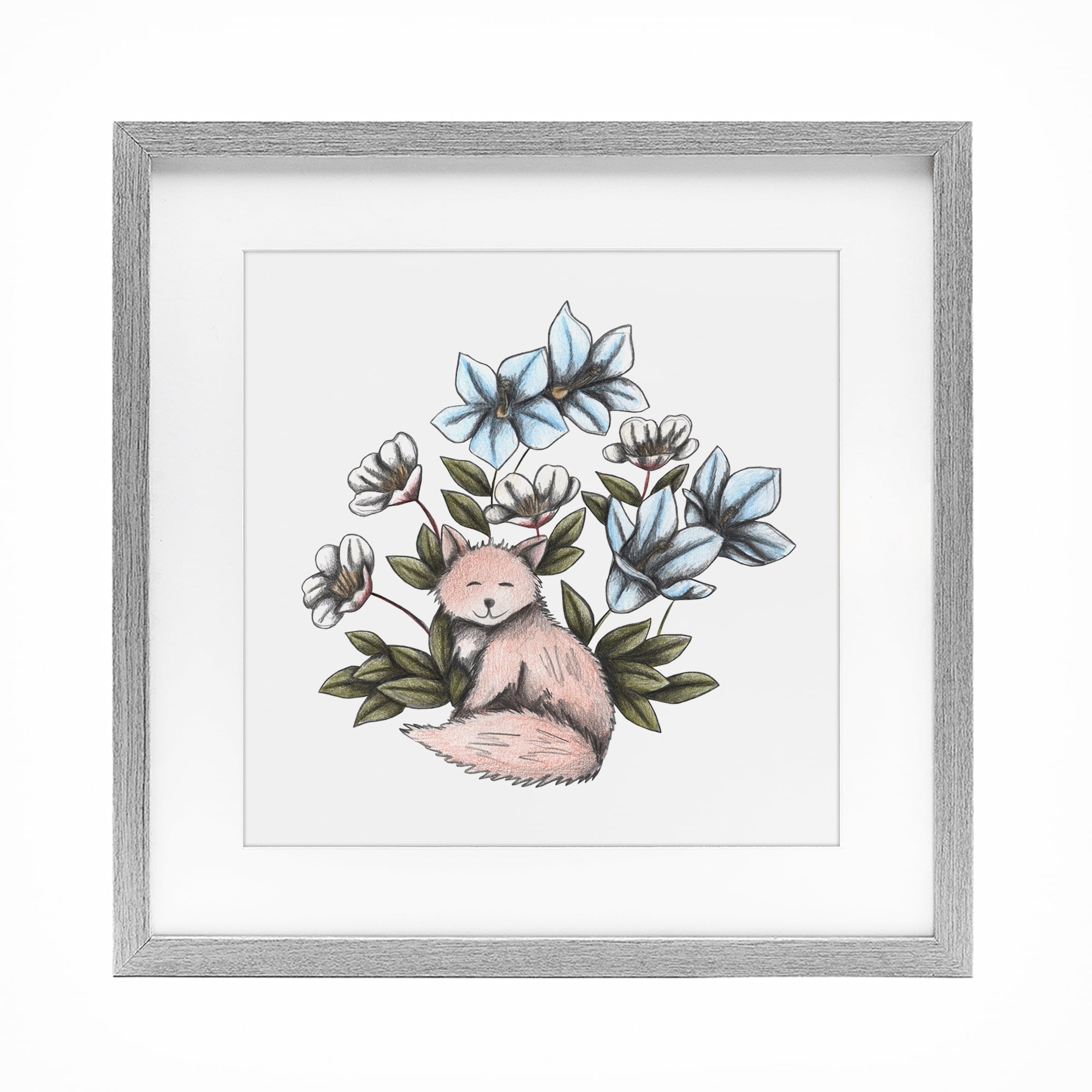 Gentle Fox with Flowers Gray Framed Print Under Glass, design by Cecilia Battaini