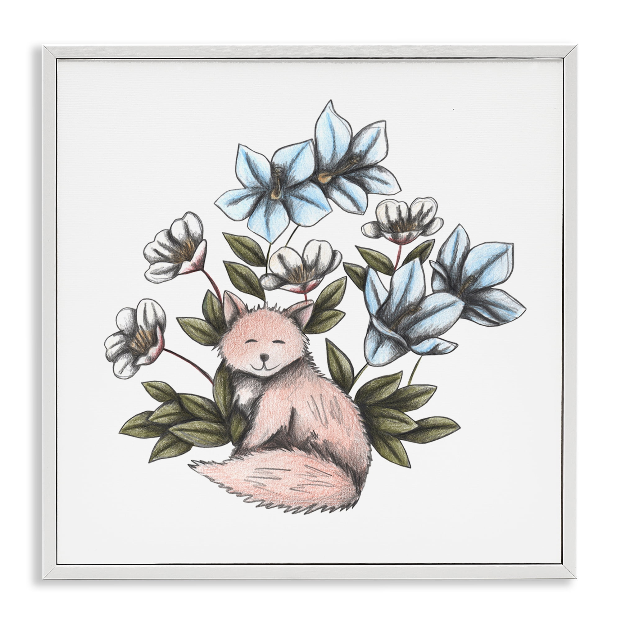 Gentle Fox with Flowers White Framed Giclee Art, design by Cecilia Battaini