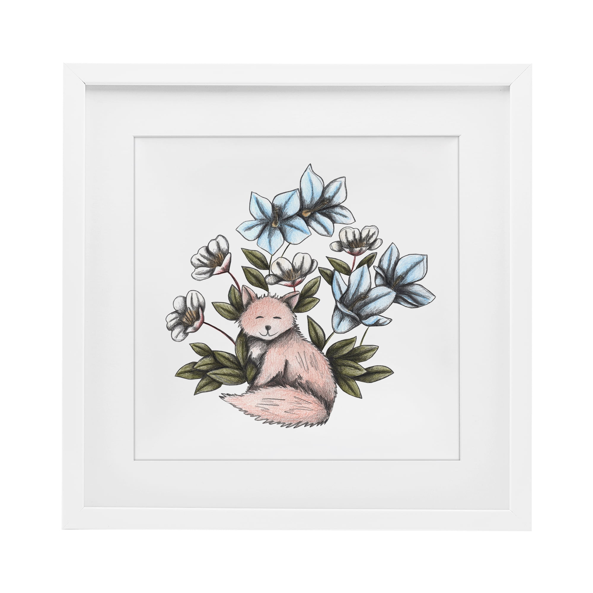 Gentle Fox with Flowers White Framed Print Under Glass, design by Cecilia Battaini