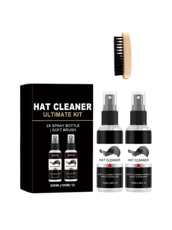 Gentle Hat Cleaning Kit, 2 Pack 3.38 fl oz Spray Bottles With Soft Bristle Brush, Removes Sweat Stains And Odors From Baseball Caps Cowboy Hats Beanies, Black