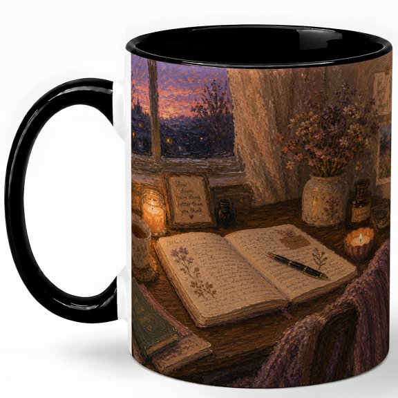 Gentle Journal Desk 11oz Ceramic Mug, Candlelit Writing Nook Art