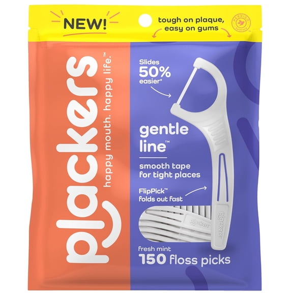 Gentle Line Floss Picks, Fresh Mint Flavor, Fold-Out FlipPick, QuickFix Grip, Easy Storage with Sure-Zip Seal, 150 Count
