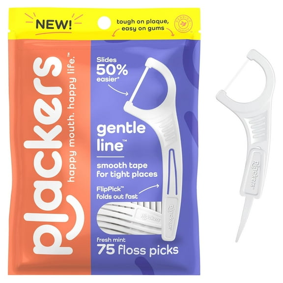 Gentle Line Floss Picks, Fresh Mint Flavor, Fold-Out FlipPick, QuickFix Grip, Easy Storage with Sure-Zip Seal, 75 Count