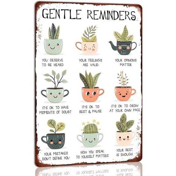 Gentle Reminders Metal Tin Sign, Cute Potted Plants Sign, Wall Decor for Home Farmhouse Living Room Office, Motivated Gifts for Friends, Wall Metal Plaque