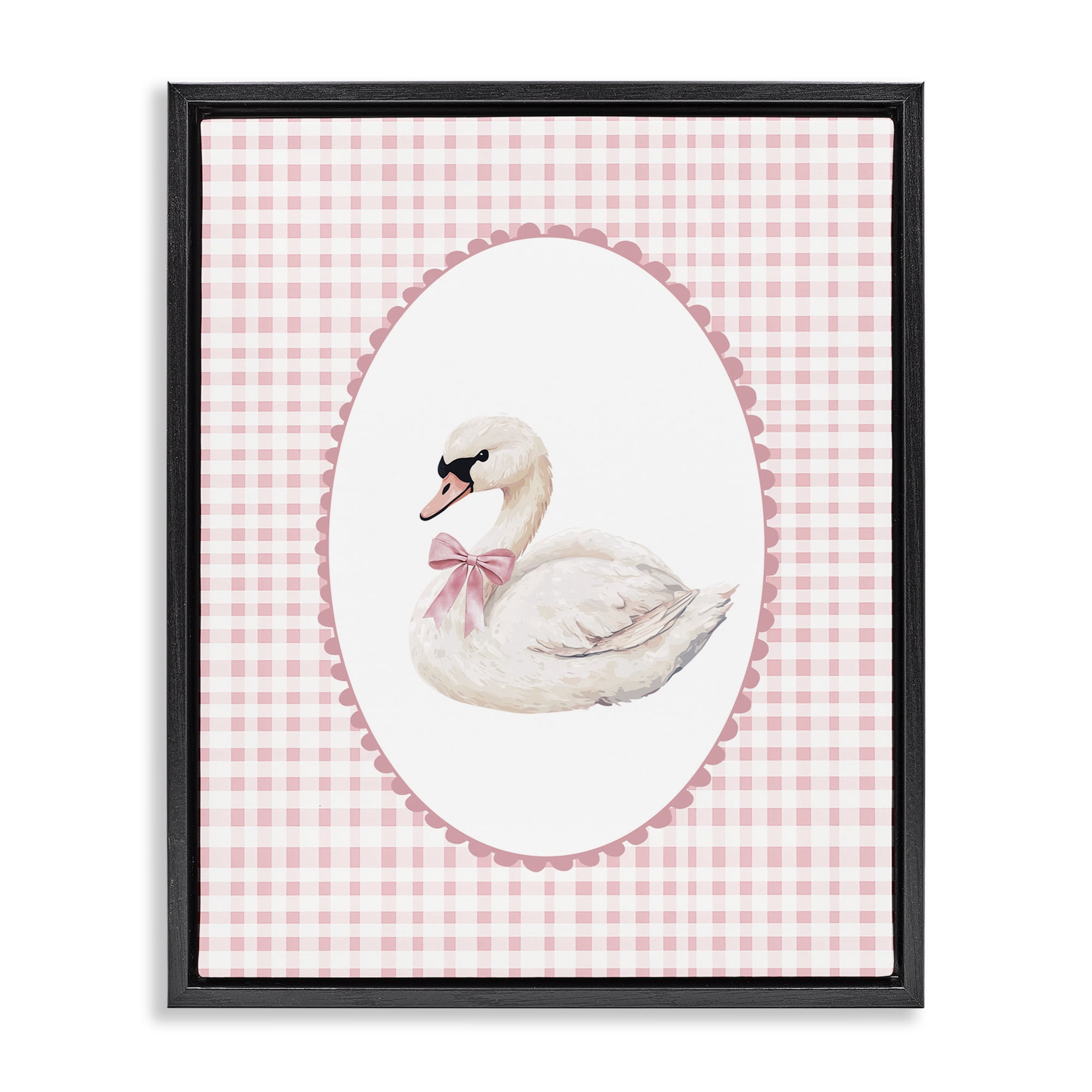 Gentle Swan on Pink Checkered Black Framed Floater Canvas Wall Art, design by Christine Simpson Art