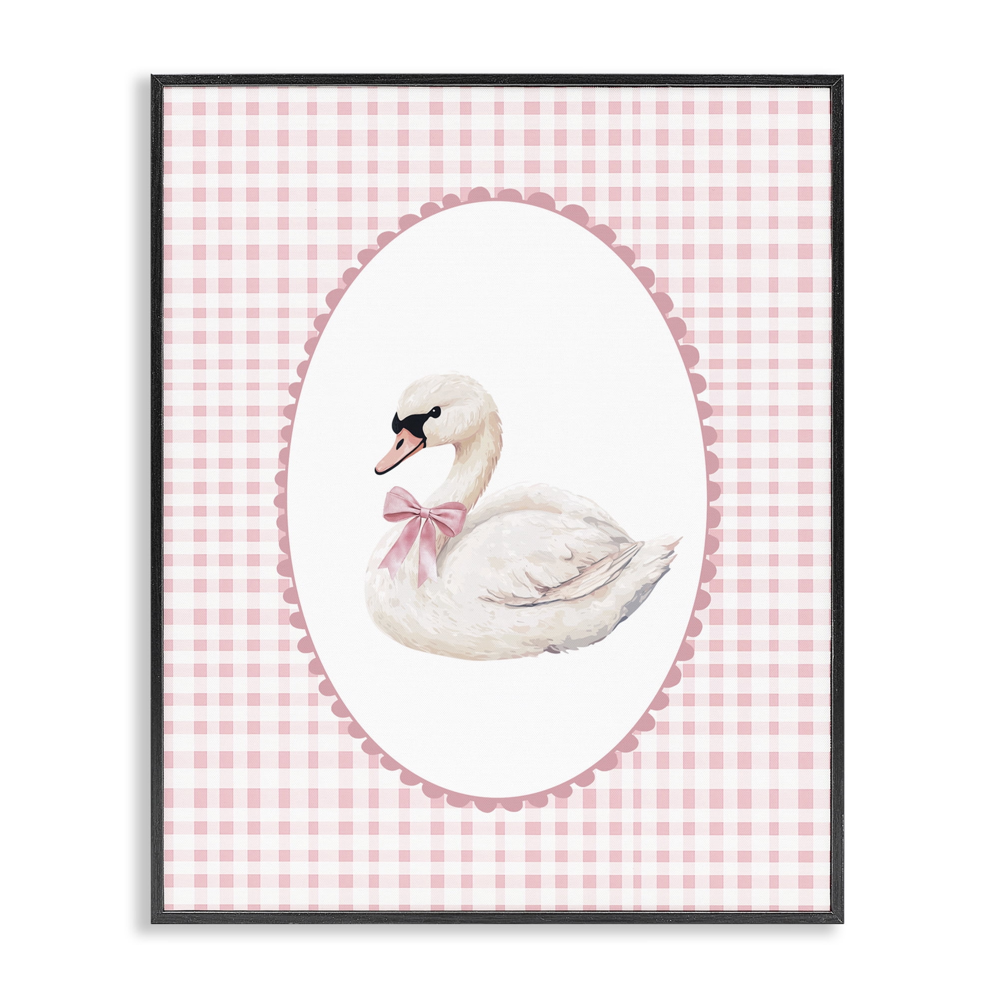 Gentle Swan on Pink Checkered Black Framed Giclee Art, design by Christine Simpson Art