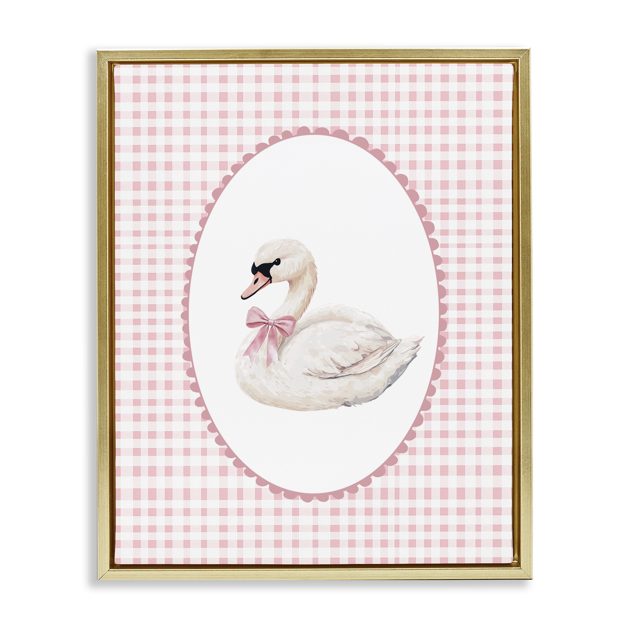 Gentle Swan on Pink Checkered Gold Framed Floater Canvas Wall Art, design by Christine Simpson Art