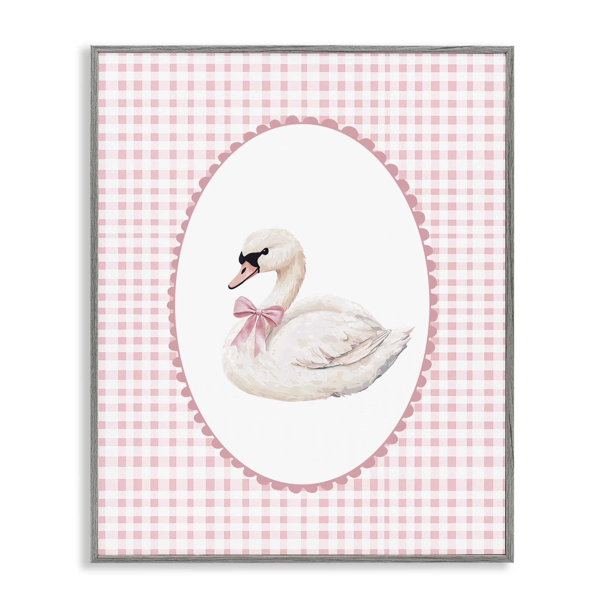Gentle Swan on Pink Checkered Gray Framed Giclee Art, design by Christine Simpson Art