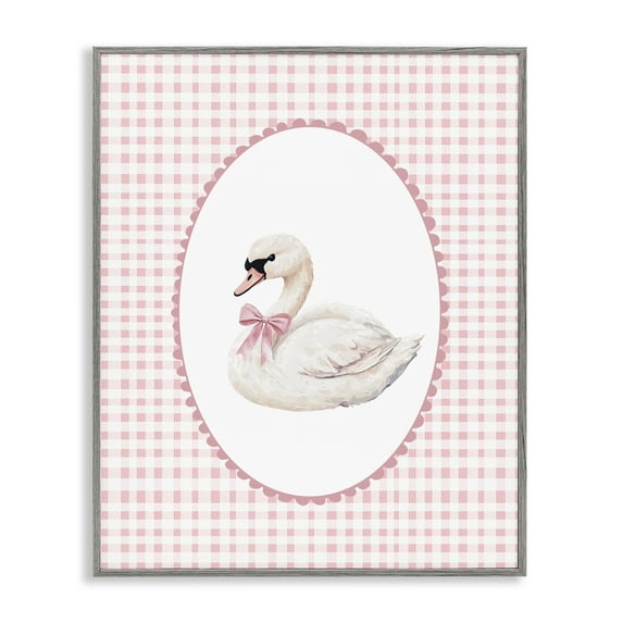 Gentle Swan on Pink Checkered Gray Framed Giclee Art, design by Christine Simpson Art