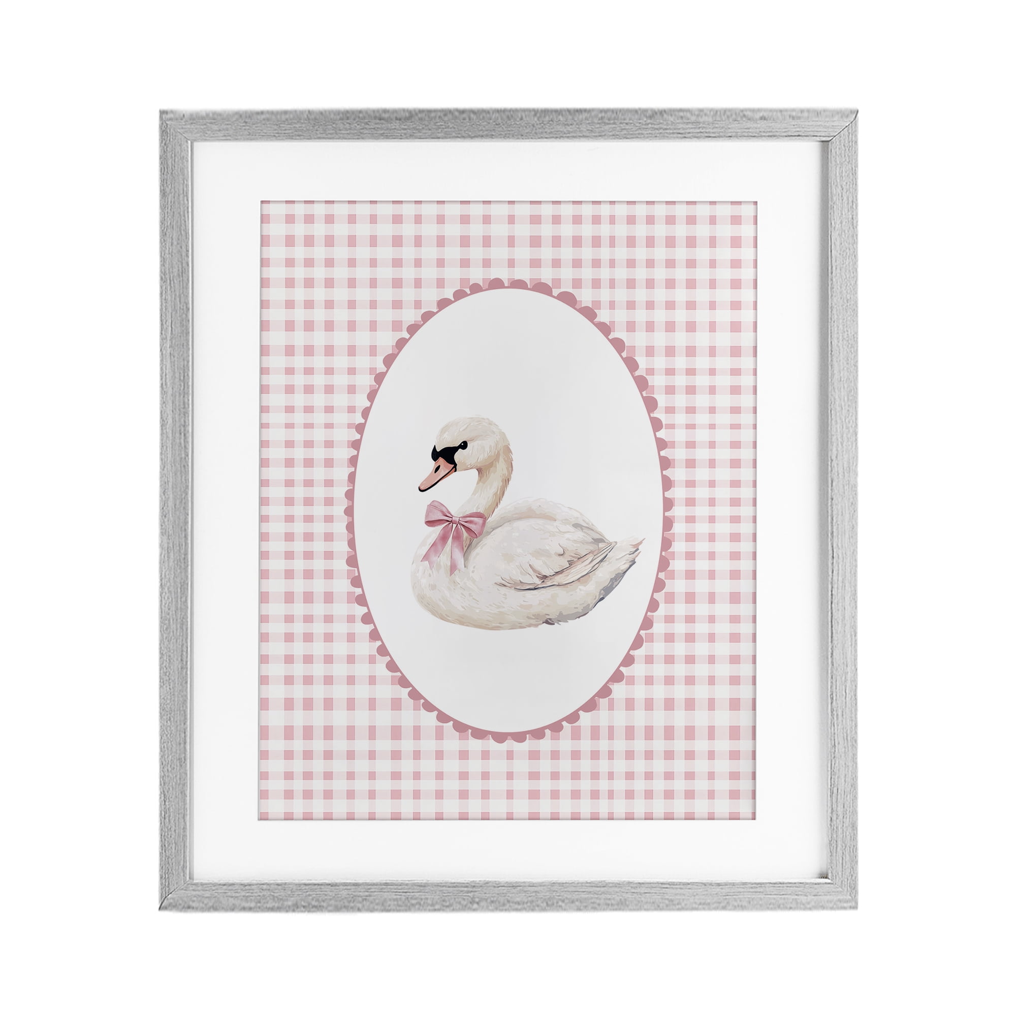 Gentle Swan on Pink Checkered Gray Framed Print Under Glass, design by Christine Simpson Art