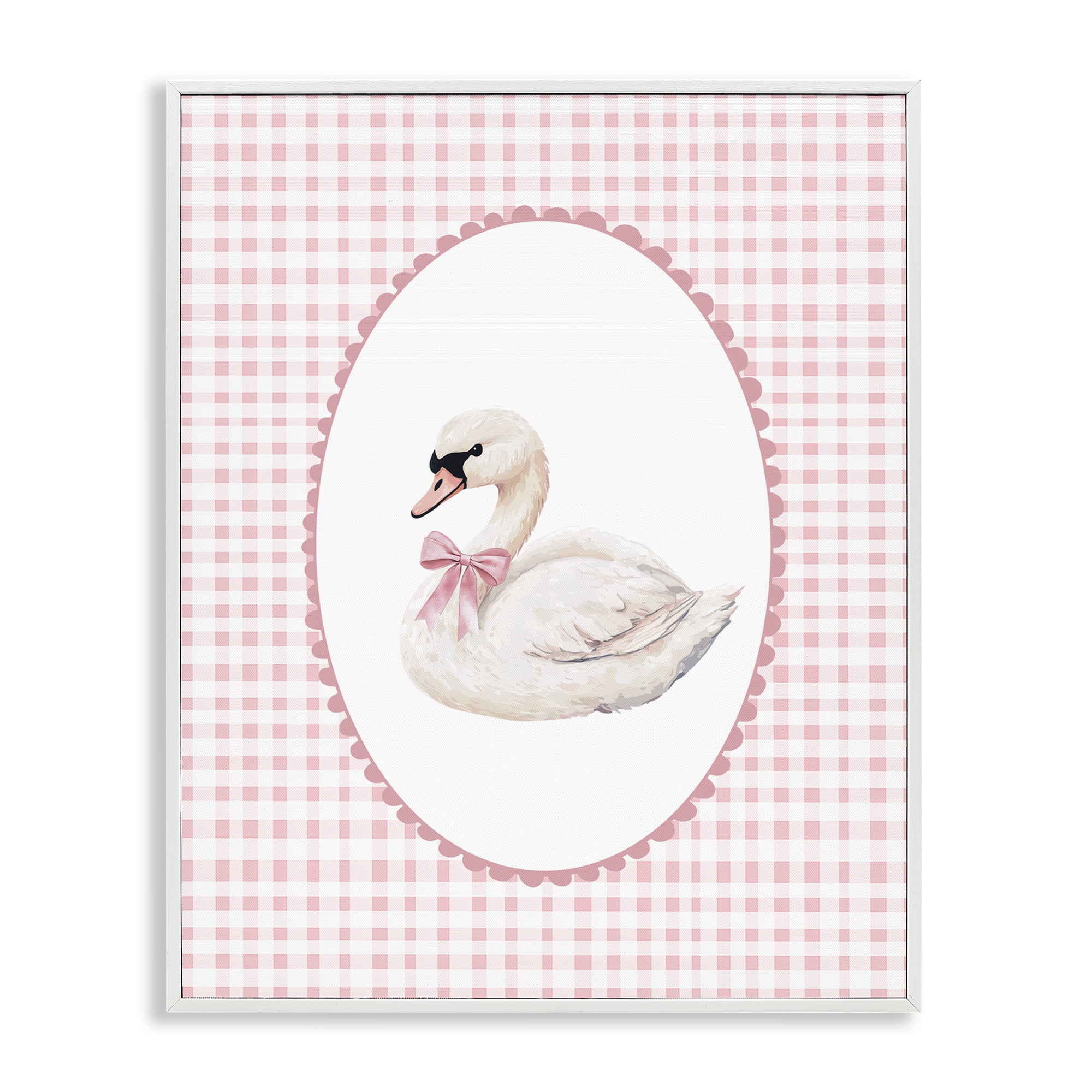 Gentle Swan on Pink Checkered White Framed Giclee Art, design by Christine Simpson Art