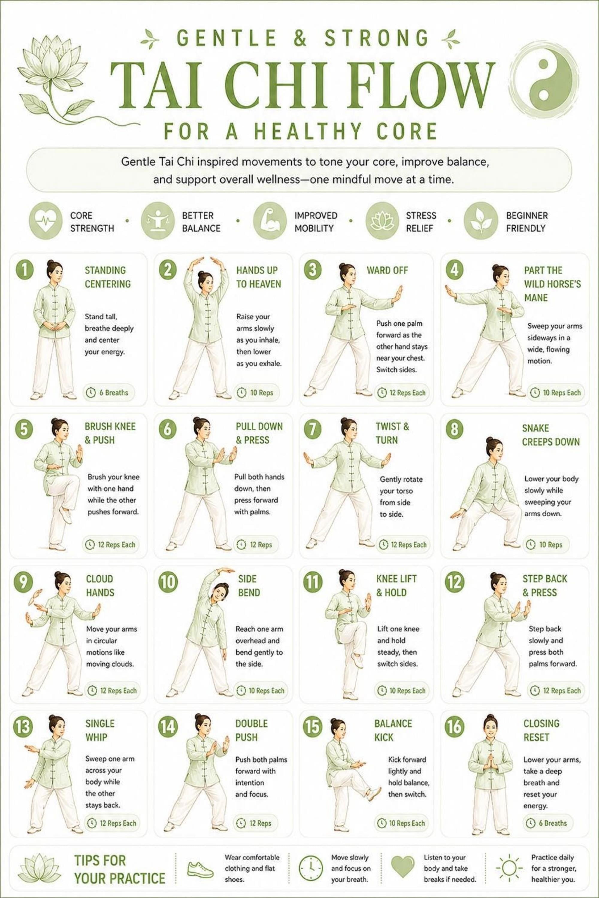 Gentle Tai Chi Core Exercise Chart for Balance Mobility Wellness poster ...