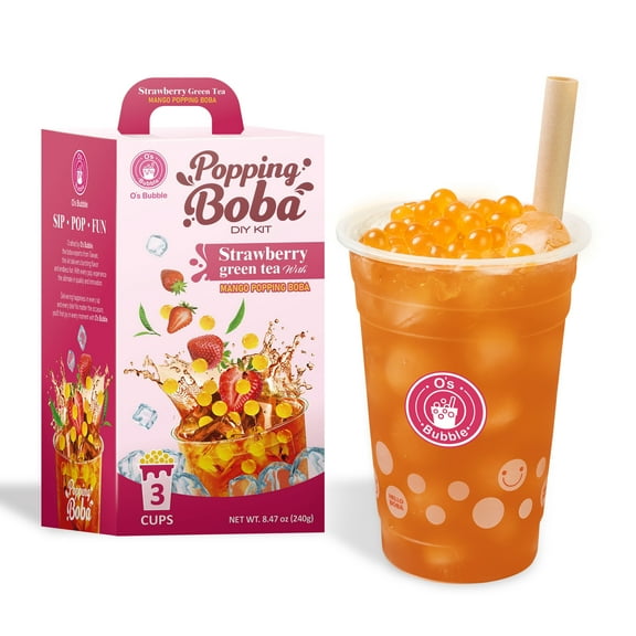 O’s Bubble Popping Boba DIY Kit – 3 Servings – Refreshing Strawberry Green Tea with Juicy Mango Popping Boba
