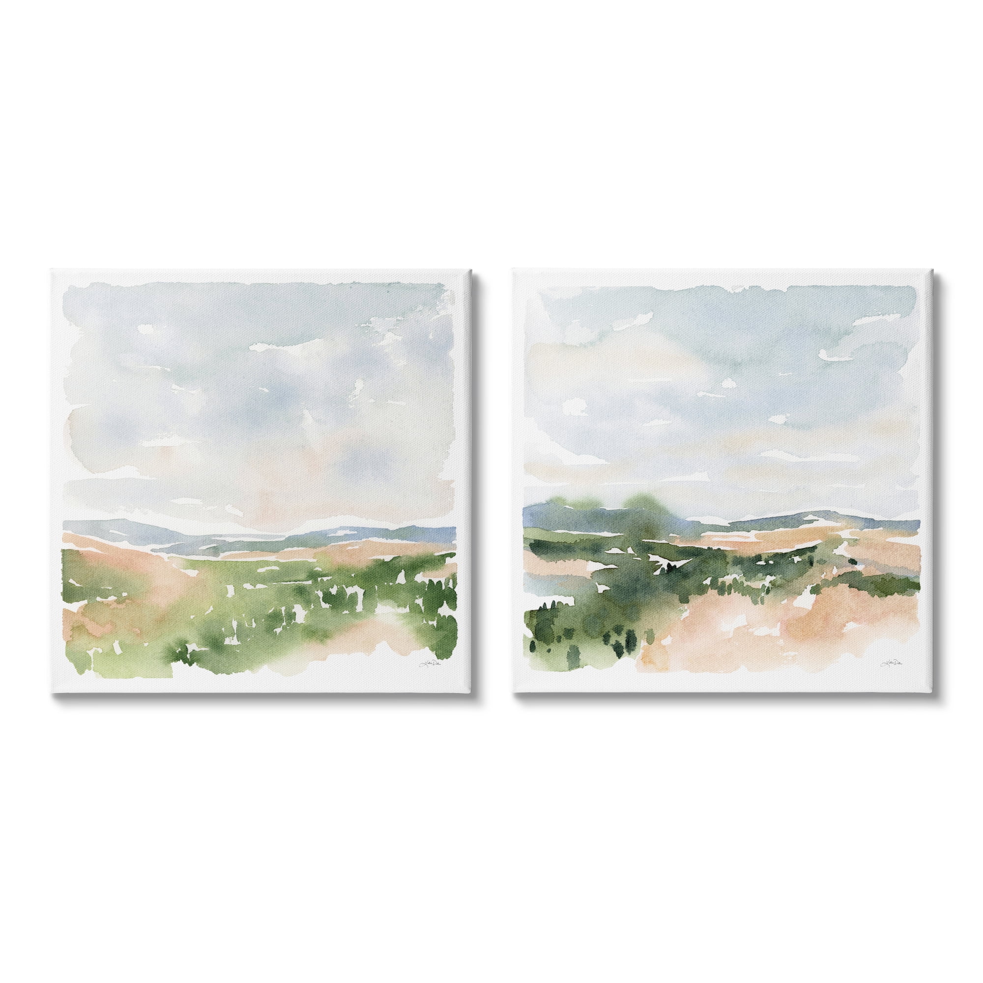 Gentle Tree Meadow Soft Watercolor Landscape Landscape Gallery-Wrapped Canvas Print Wall Art, Set of 2, 17x17
