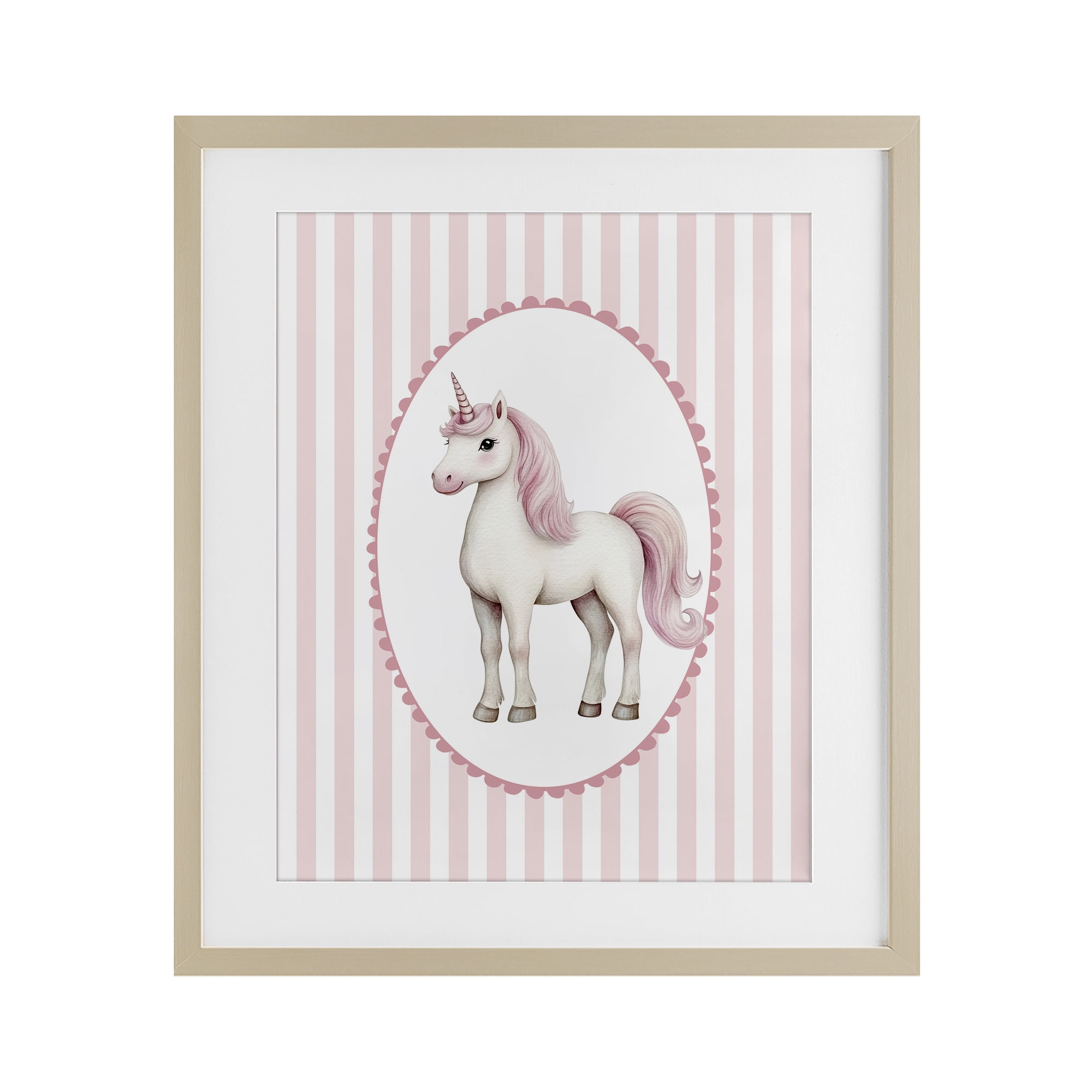 Gentle Unicorn on Pink Stripes Birch Framed Print Under Glass, design by Christine Simpson Art