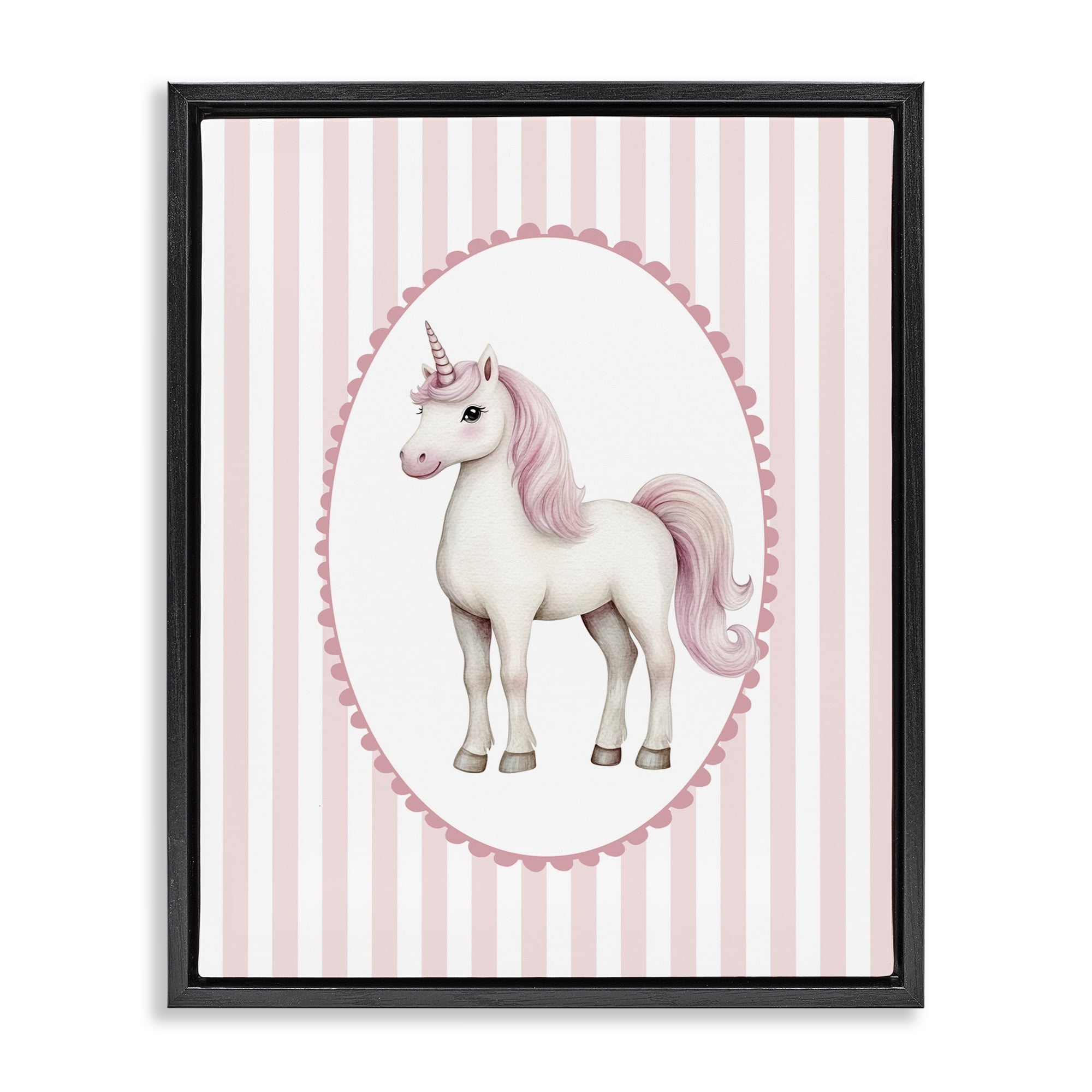 Gentle Unicorn on Pink Stripes Black Framed Floater Canvas Wall Art, design by Christine Simpson Art
