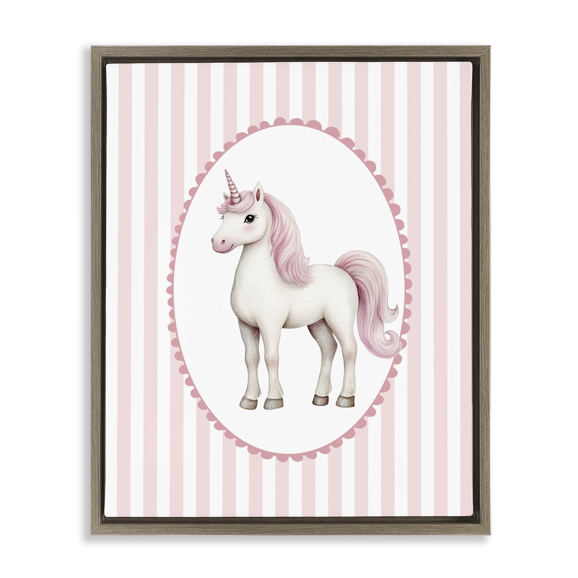 Gentle Unicorn on Pink Stripes Brown Framed Floater Canvas Wall Art, design by Christine Simpson Art