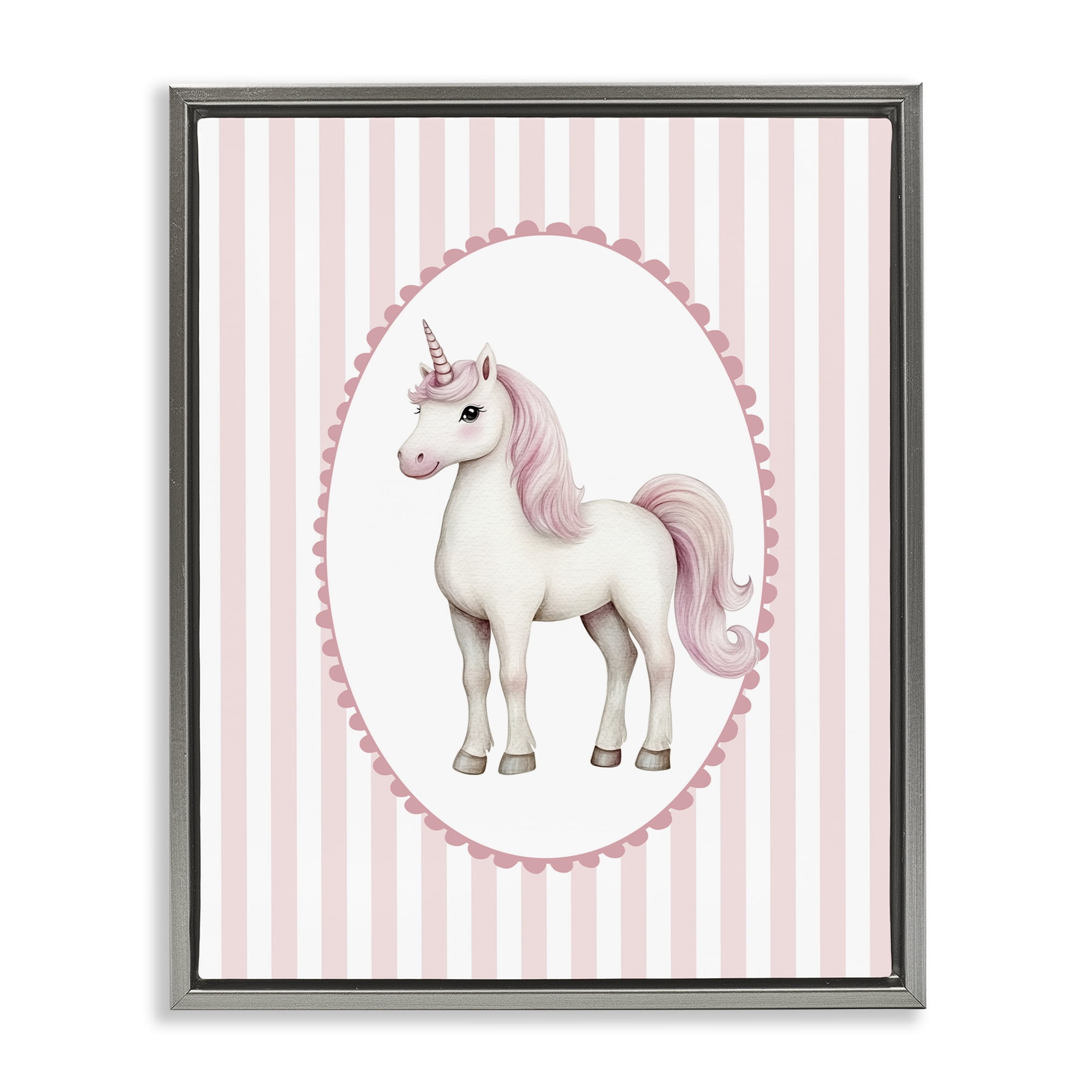 Gentle Unicorn on Pink Stripes Gray Framed Floater Canvas Wall Art, design by Christine Simpson Art