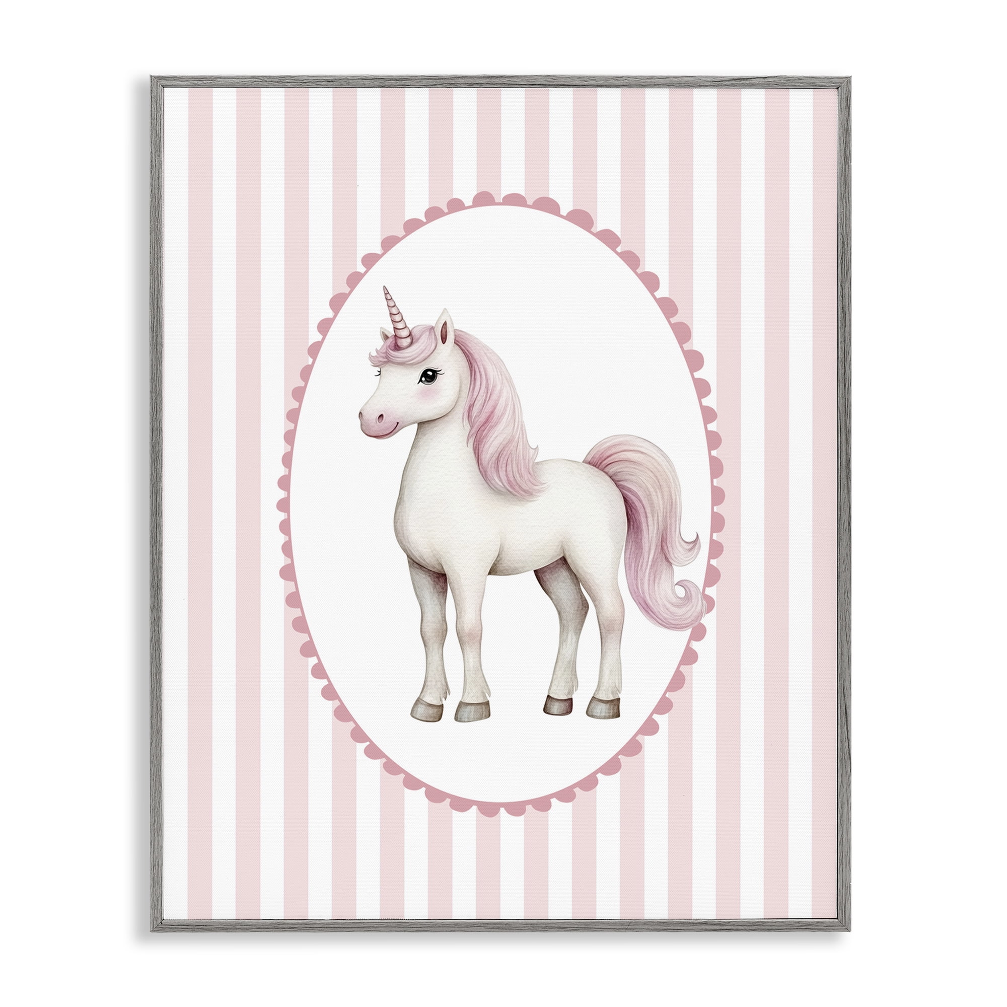 Gentle Unicorn on Pink Stripes Gray Framed Giclee Art, design by Christine Simpson Art
