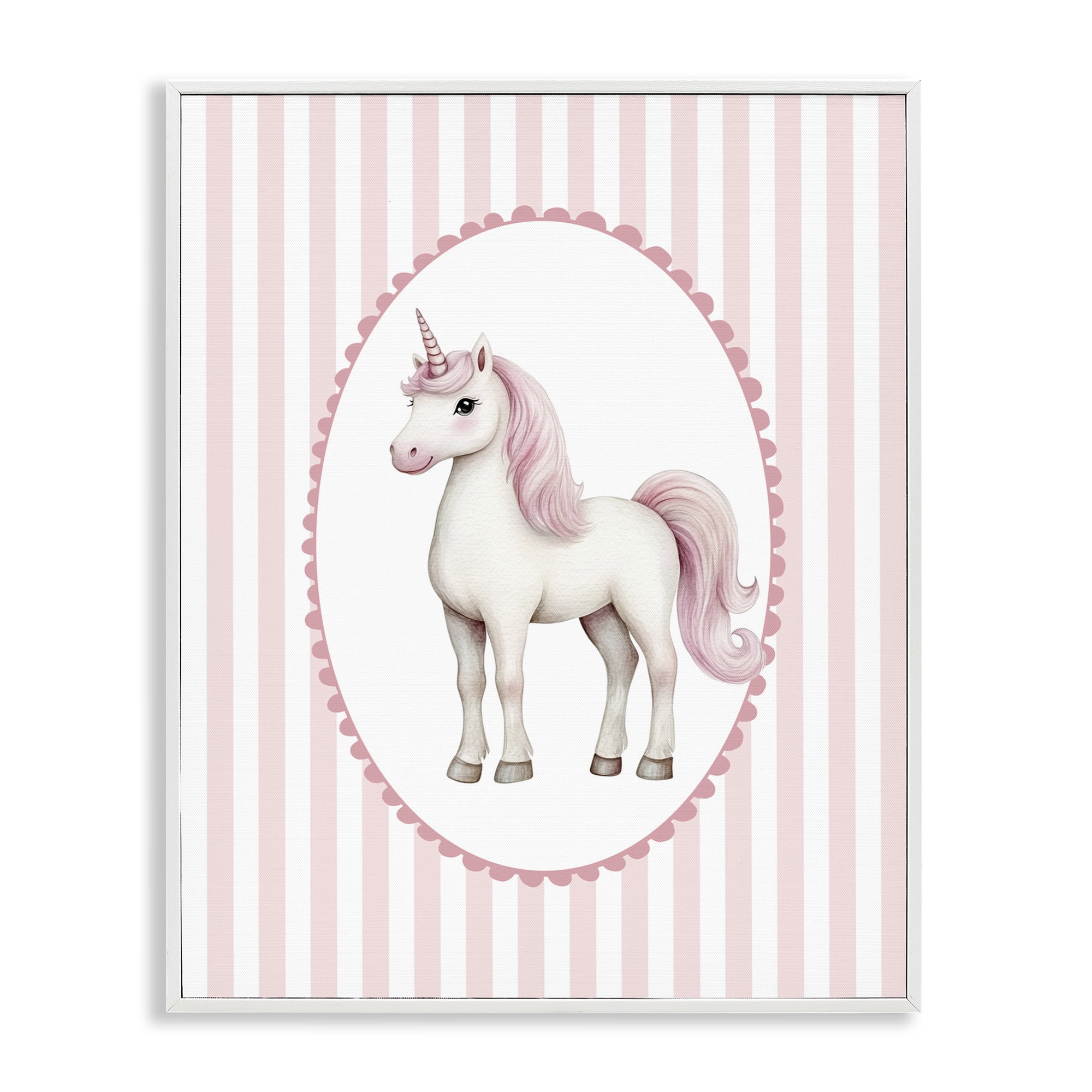 Gentle Unicorn on Pink Stripes White Framed Giclee Art, design by Christine Simpson Art