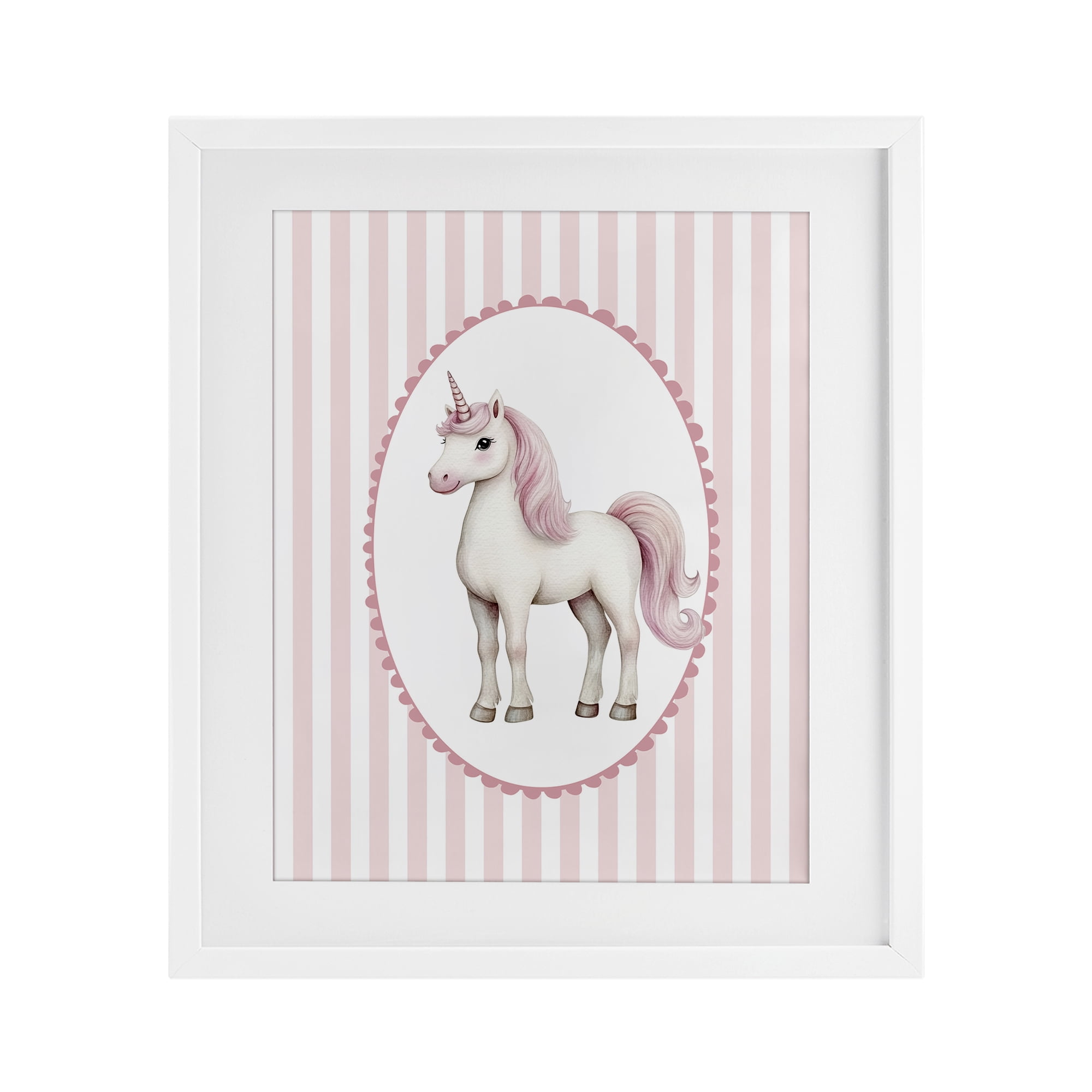 Gentle Unicorn on Pink Stripes White Framed Print Under Glass, design by Christine Simpson Art