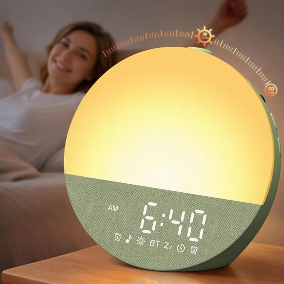 Gentle Wake-Up Sunrise Alarm Clock: 10-60 Min Gradual Light, 20-Level Brightness Enough Wake Up Heavy Sleepers - 30 Smoothing Sounds Machine Easy to Use (Green)
