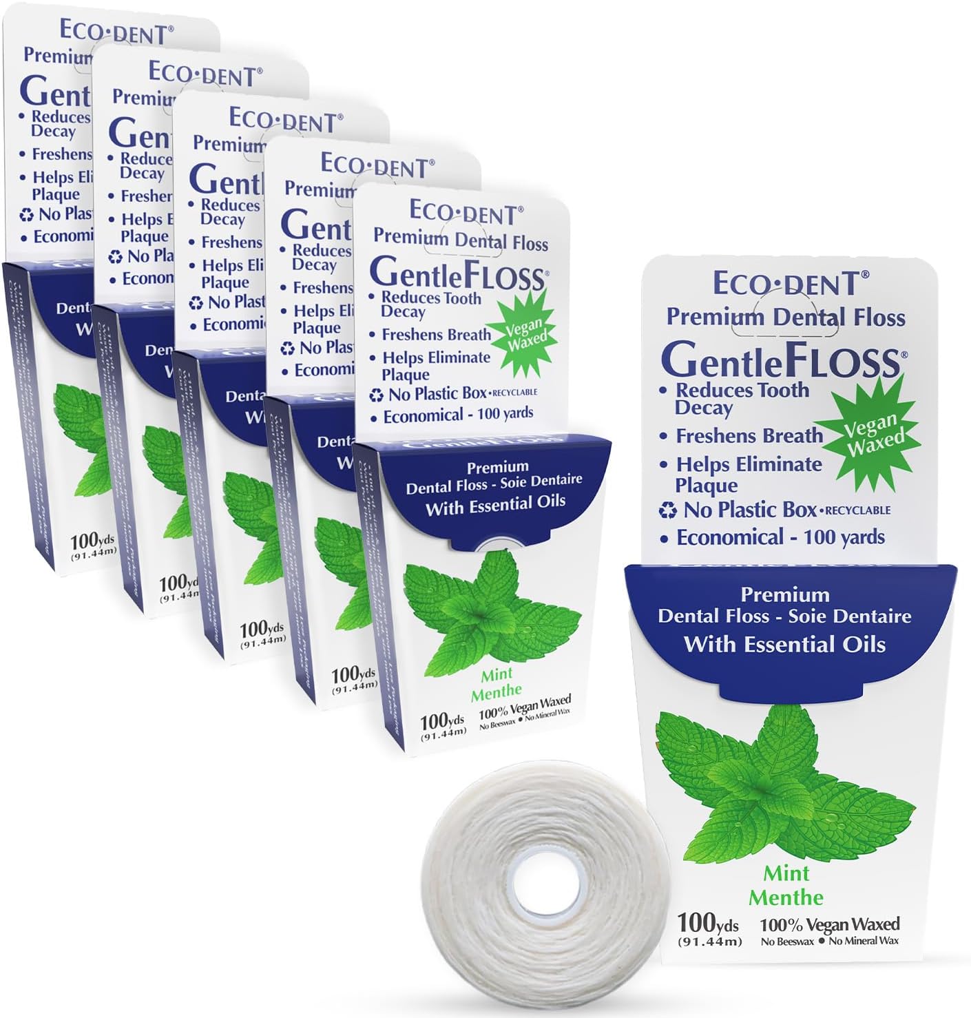 GentleFloss Dental Floss Waxed, Mint Vegan PlantBased Wax