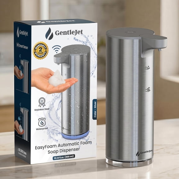 GentleJet EasyFoam Automatic Foaming Soap Dispenser Touchless Sensor, USB-C Rechargeable, 304 Stainless Steel, IPX5 Waterproof for Bathroom Kitchen Sink, 280 ml