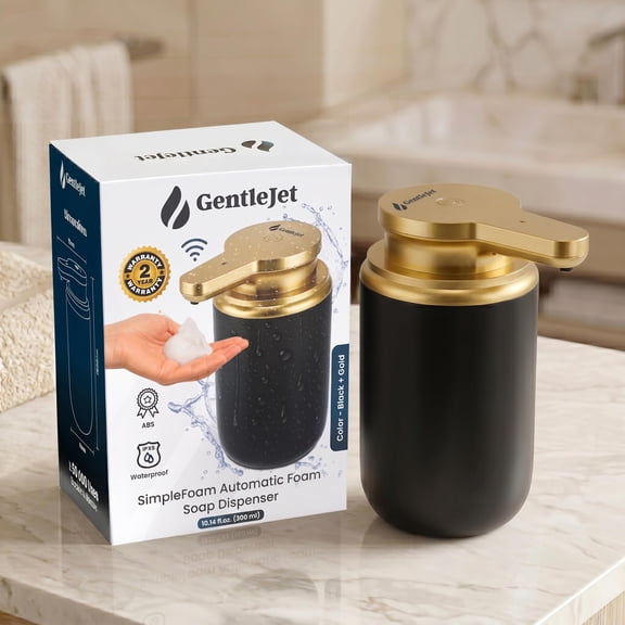 GentleJet SimpleFoam Automatic Foaming Soap Dispenser - Touchless Sensor, USB-C Rechargeable, IPX5 Waterproof, Dual Output for Bathroom Kitchen Sink, ABS Compact Design (Black - Gold)