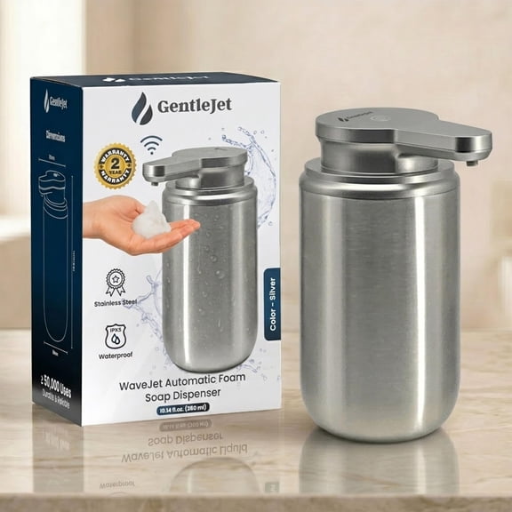 GentleJet WaveJet Automatic Foaming Soap Dispenser - Touchless Sensor, USB-C Rechargeable, IPX5 Waterproof, Bathroom Kitchen Sink (Silver)