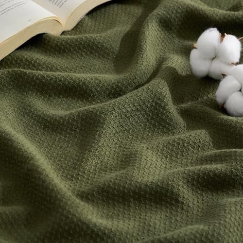 GentleSoft 100% Cotton Blanket King Size for Bed - Breathable and Lightweight, Soft Cozy Textured Herringbone Woven Blanket for Summer, Olive Green, 108x90 inches