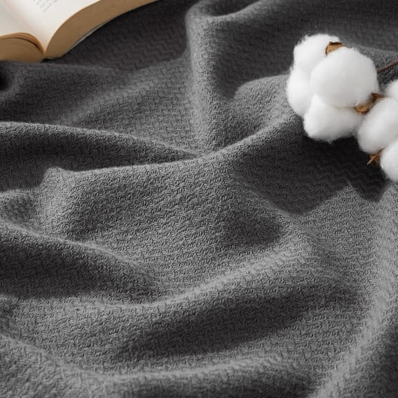GentleSoft 100% Cotton Blanket Queen Size for Bed - Breathable and Lightweight, Soft Cozy Textured Herringbone Woven Blanket for Summer, Dark Grey, 90x90 inches