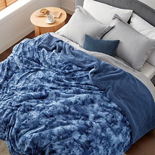GentleSoft Sherpa Fluffy Blanket Queen Size for Bed - Fleece Warm and Cozy for Women Gift, Plush & Fuzzy Faux Fur Christmas Blanket for Couch, Sofa Decor, Tie Dye Design, Indigo, 90x90 Inches