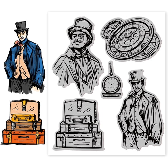 Gentleman Cling Rubber Stamps Clock Pocket Watch Suitcase Script Vintage Stamps for DIY Making