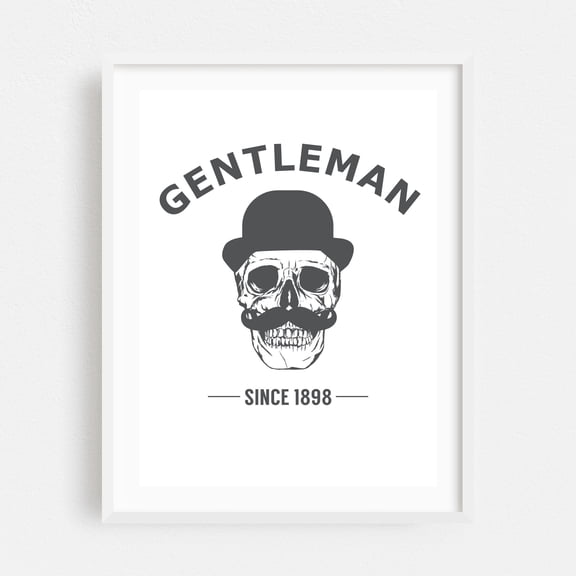 Gentleman Skull - Illustration Skull Gothic Typography Vintage Humor Creepy White Framed Wall Art Print 18 x 24 inches