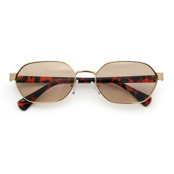 Gentlemanly Octagonal Narrow Rectangle Metal Rim Hipster Sunglasses Gold Tortoise - Brown