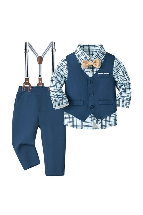 Gentlemen Little Boys Outfits 3 Piece Suit Formal Dress Shirt+Bowtie+Vest+Suspender Pants Birthday Party Clothes (5-6 Years, Light Blue)