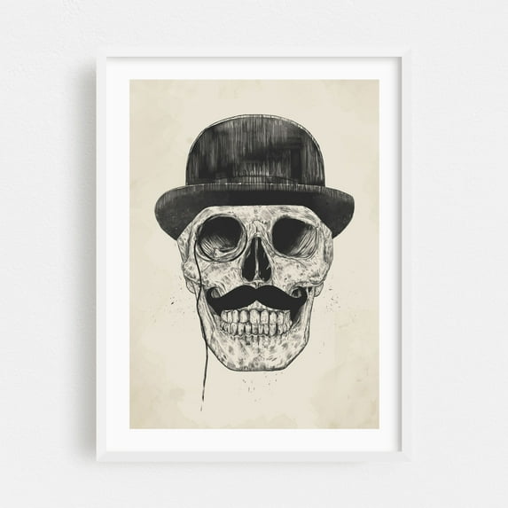 Gentlemen never die - Illustration Skull Black and White Surrealism Sketch Vintage Gothic White Framed Wall Art Print 12 x 16 inches