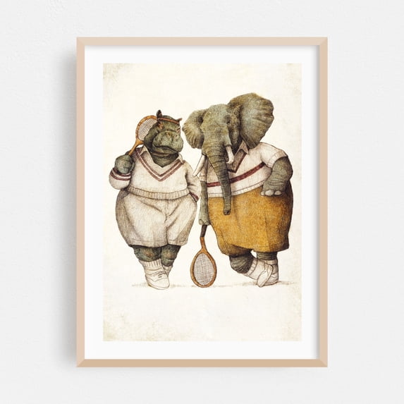 Gentlemen of the Court - Drawing Humor Tennis Vintage Fantasy Oak Framed Wall Art Print 12 x 16 inches