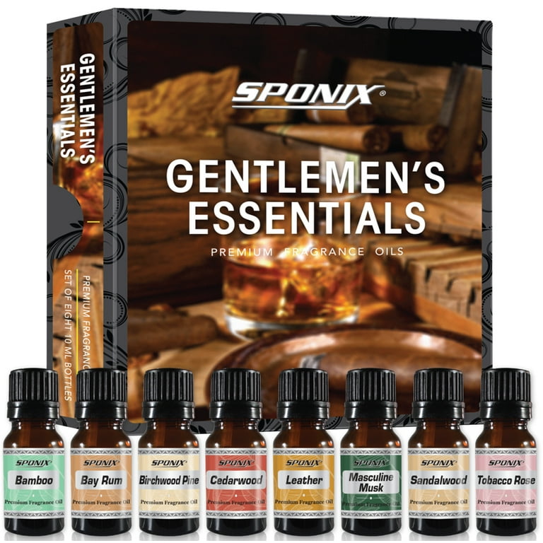 Gentlemen's Essentials Fragrance Oils 8 X 10 mL (0.33 Oz) - 100% Pure -  Leather, Bay Rum, Cedarwood, Sandalwood, Tobacco Rose, Bamboo, Birchwood  Pine